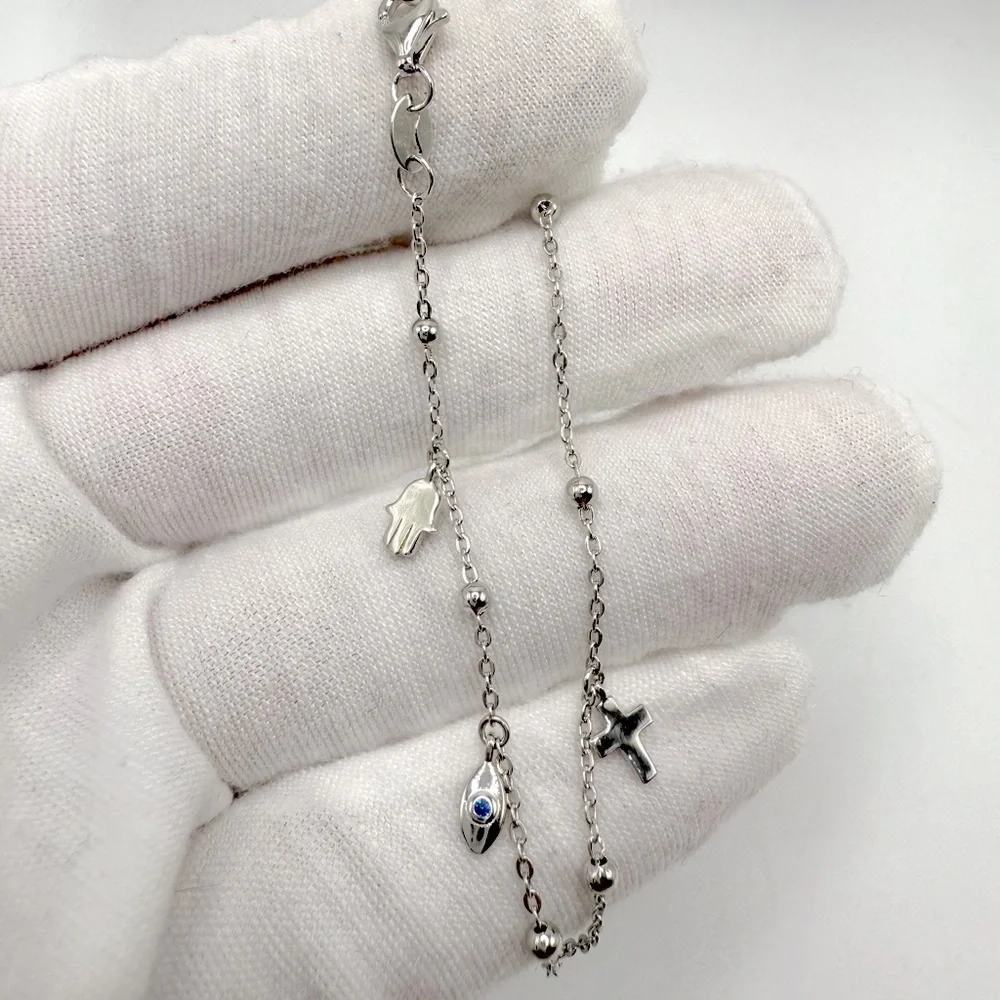 6.75” Dainty .925 Sterling Silver Dangle Eye, Cross and Hamsa Charm Bracelet